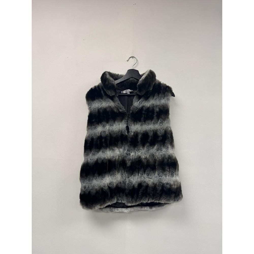 Vintage Jennifer Lopez Vest Medium Gray Black Faux Fur Sleeveless Y2K Zip Collar